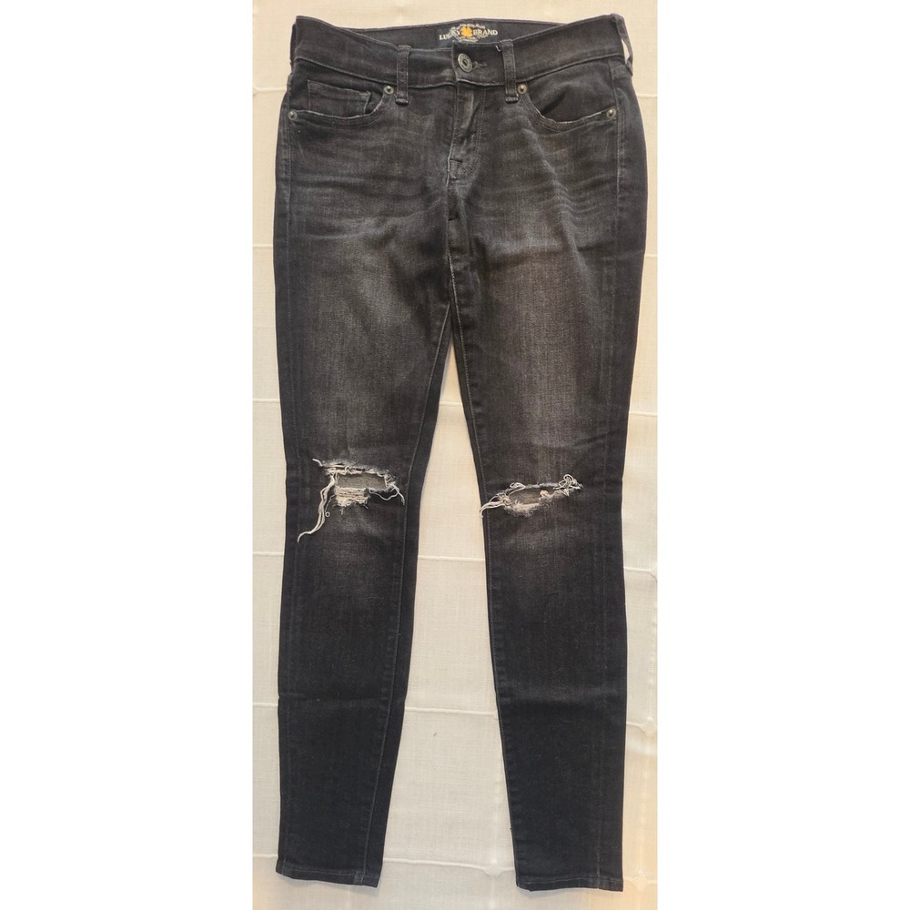 Lucky Brand Charlie Skinny Jeans Womens 2/26 Black Distressed Ripped Knee Denim